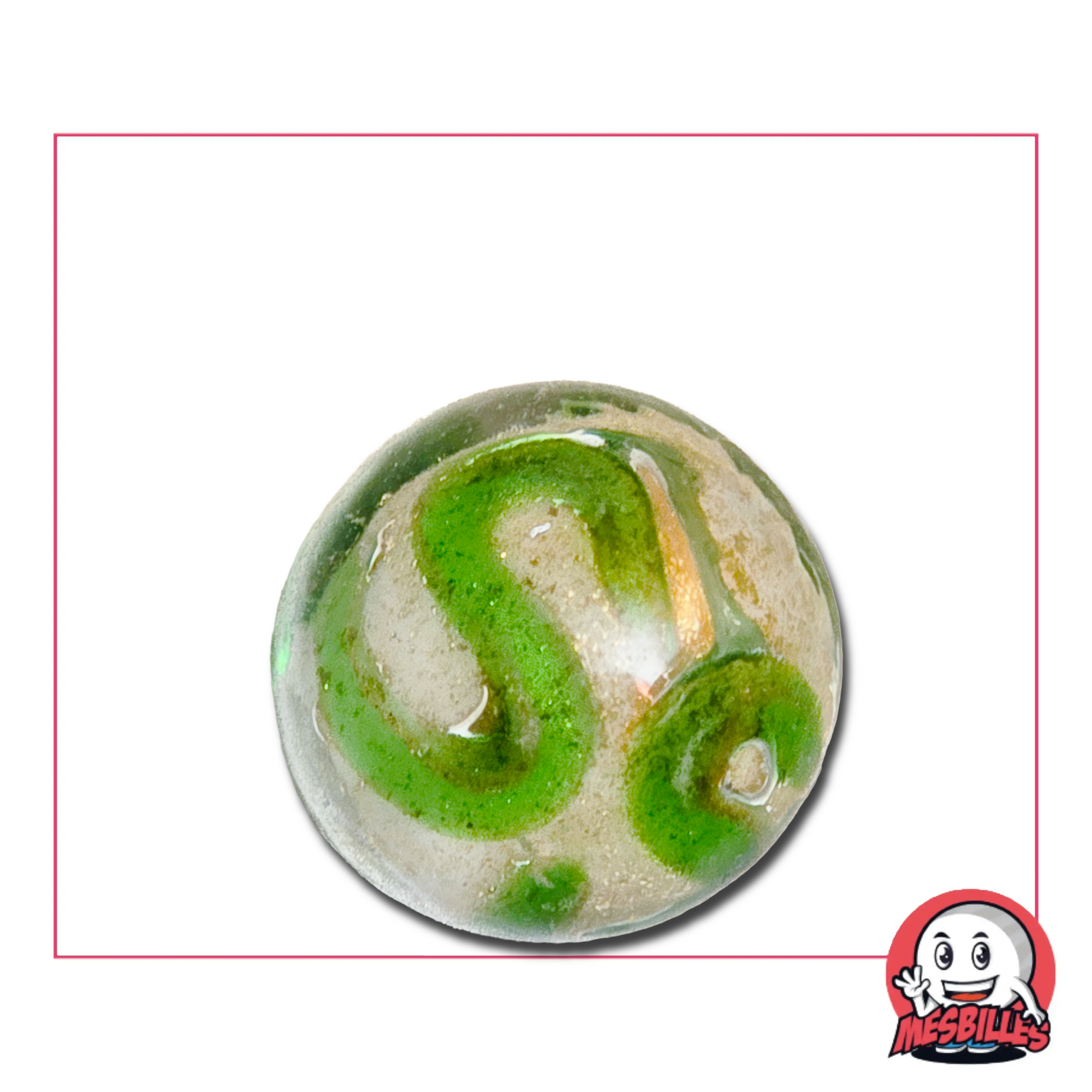 Bille Art Bijoux Vert Clair 22 mm brillante – bille verte transparente avec reflets dorés, création artistique originale MesBilles