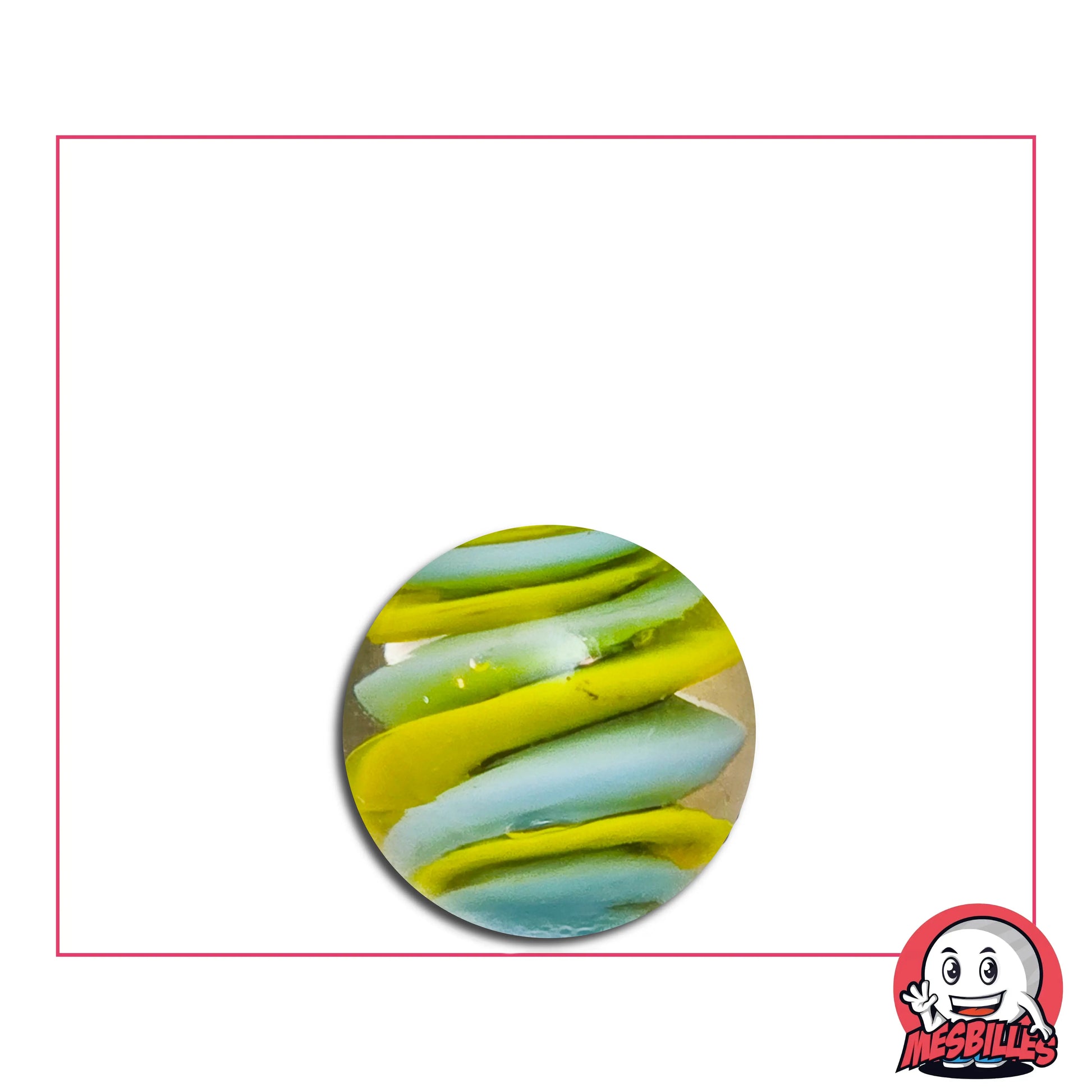 Bille Art Bonbon Jaune Bleu 16 mm – bille en verre de Bohème transparente avec spirales jaune citron et bleu pastel, effet confiserie artisanale MesBilles