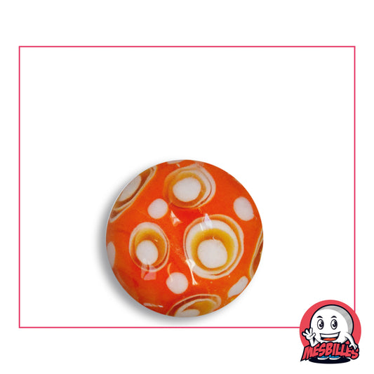 Bille Art Bubble Orange 22 mm en verre orange opaque à cercles blancs bordés de moutarde, vue de dessus, 22 mm de diamètre