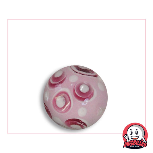 Bille Art Bubble Rose 22 mm en verre rose opaque à cercles framboise et pastilles blanches, vue de dessus, 22 mm de diamètre