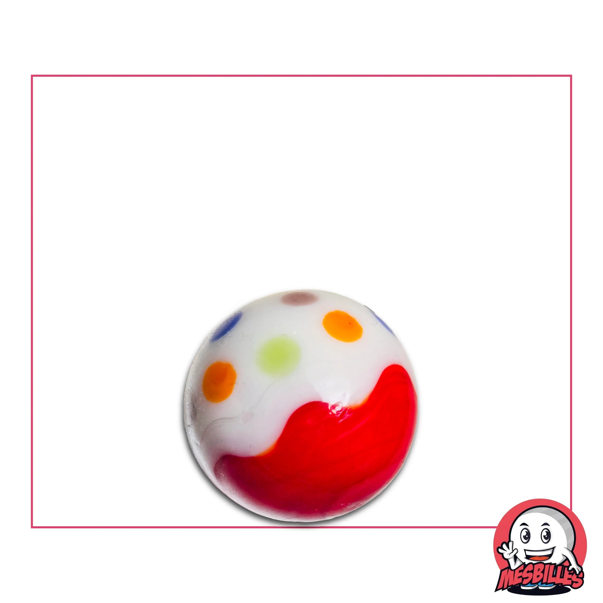 Bille Art Champi Rouge 16 mm brillante – bille rouge et blanche à pois multicolores, création artistique originale MesBilles