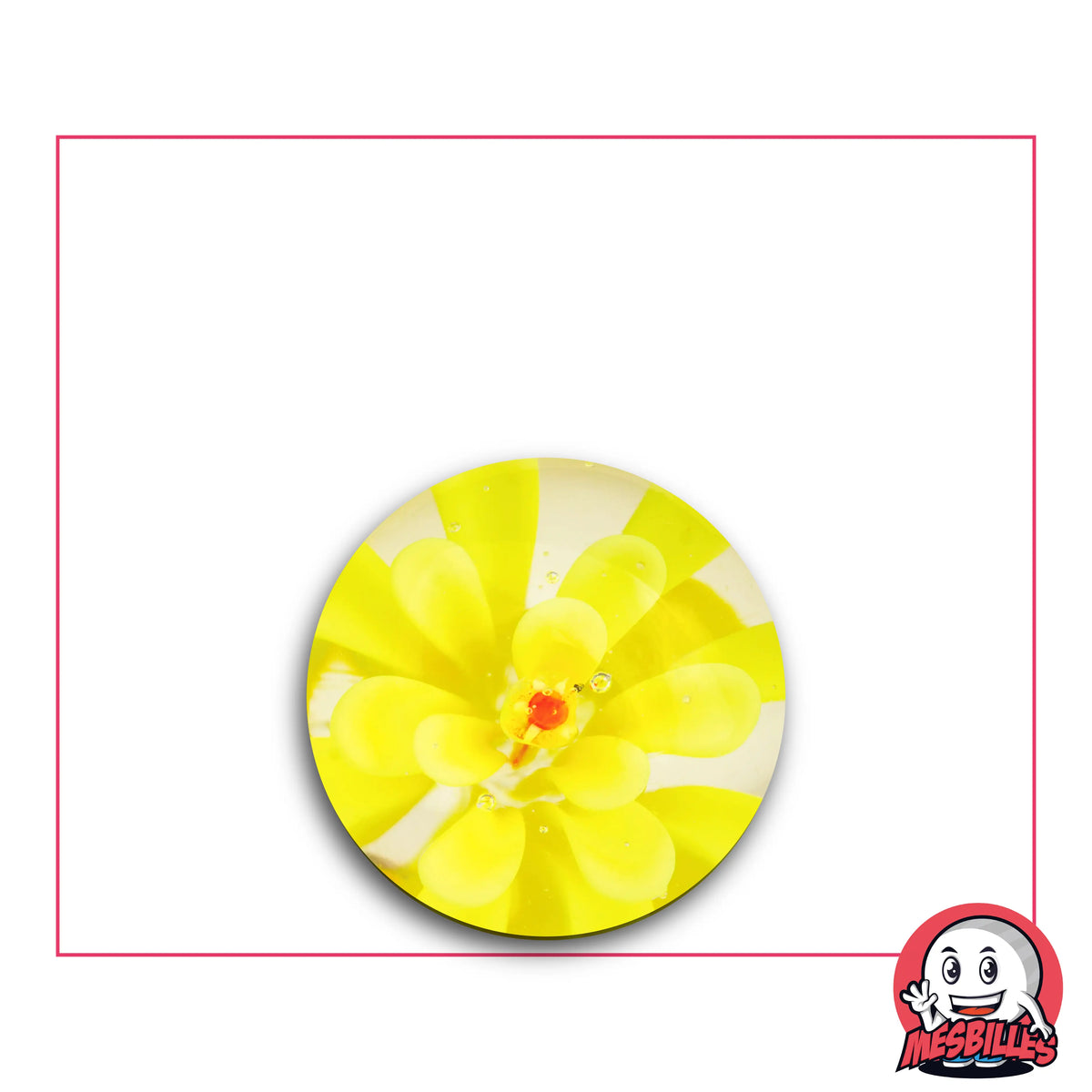 Bille d’Art Fleur 3D Jaune 22 mm avec fleur jaune et cœur rouge dans verre translucide – bille artistique MesBilles