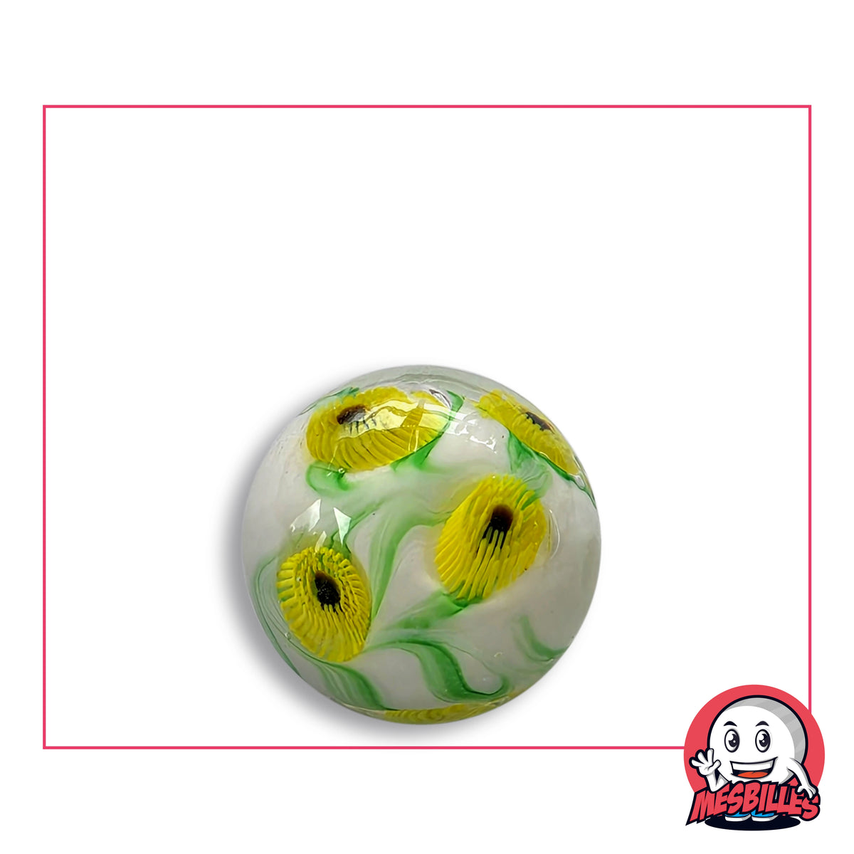 Bille Art Hélianthe 22 mm en verre, fleurs jaunes espacées et fines tiges vertes sur fond blanc laiteux, vue de dessus, 22 mm de diamètre