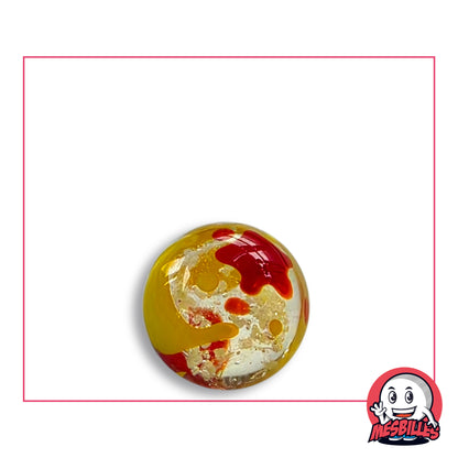 Bille Art Luciole 16 mm en verre clair phosphorescent, croissant de lune jaune et étoile rouge foncé, vue de dessus, 16 mm de diamètre