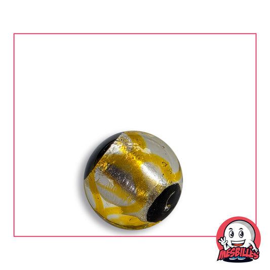 Bille Art Machu Picchu Jaune 16 mm en verre clair à feuille argentée et rubans jaune ambré, deux bouts noirs opaques, vue de dessus, 16 mm de diamètre