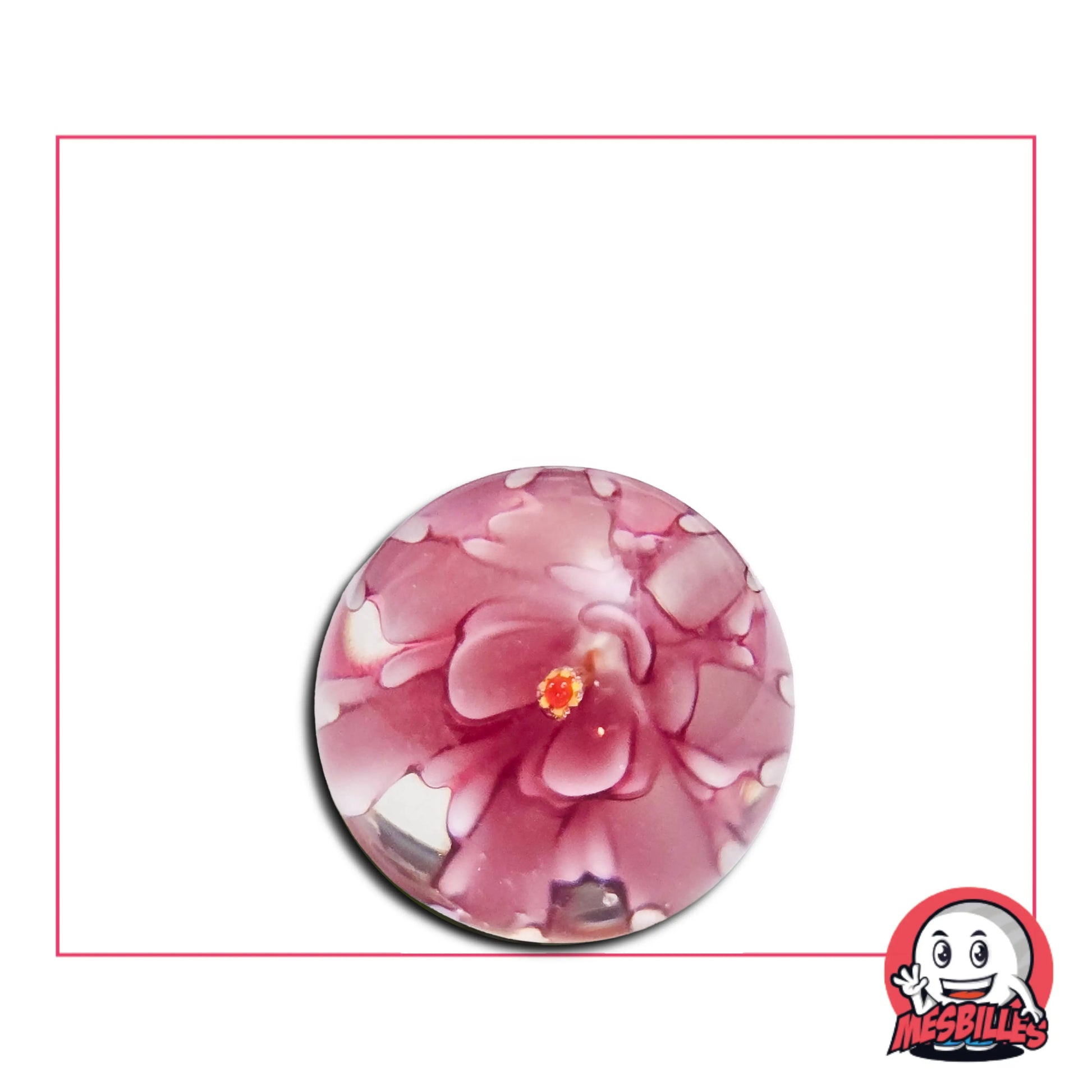 Bille Art Pissenlit Rose 16 mm avec fleur rose délicate au cœur du verre translucide – MesBilles