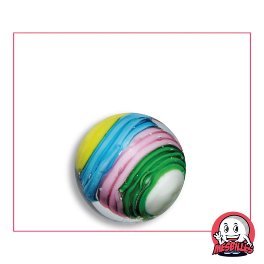 Bille Art Spiralo Bleu Clair 22 mm en verre limpide à bandes jaune, bleu ciel, rose et vert émeraude, vue de dessus, 22 mm de diamètre