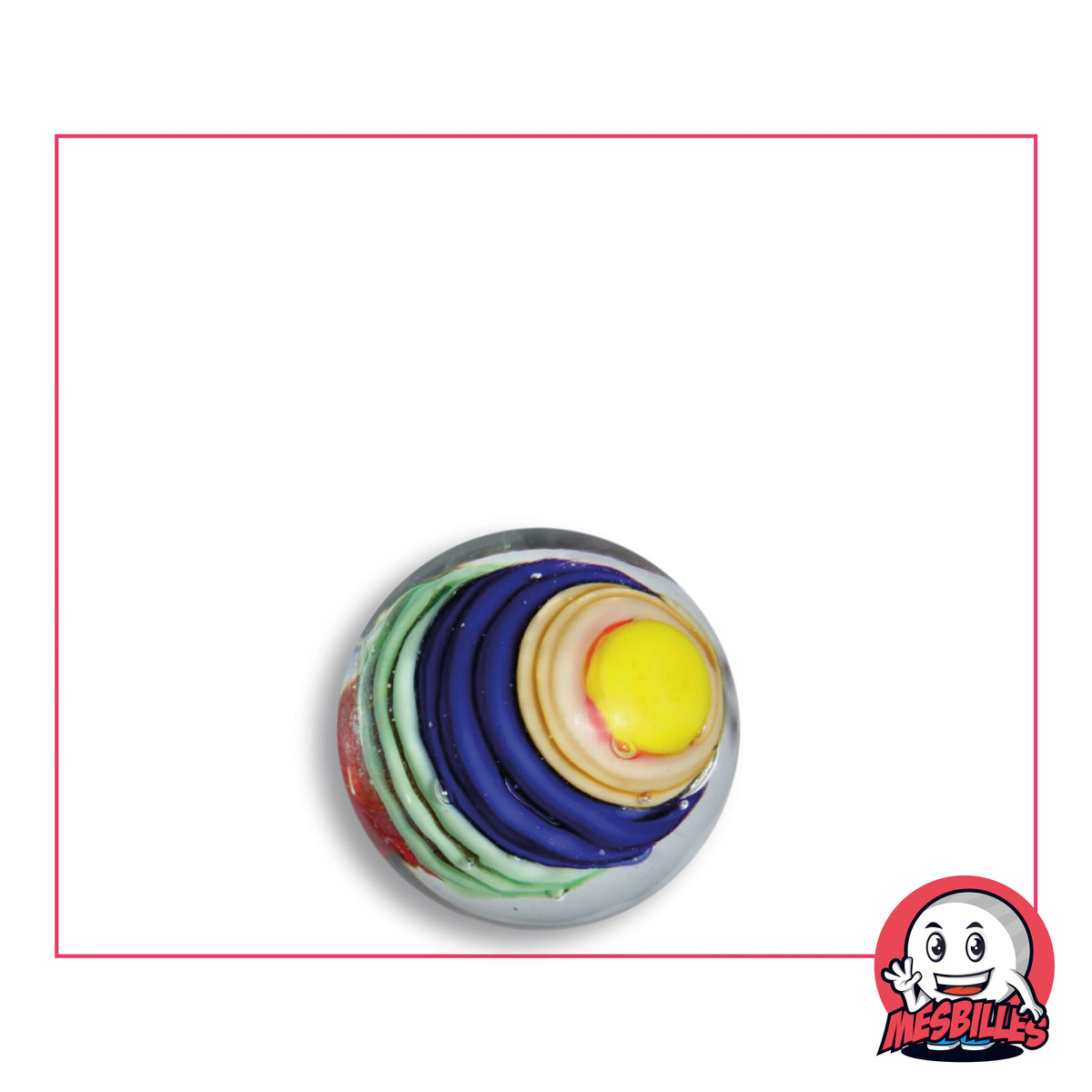 Bille Art Spiralo Bleu Nuit 16 mm en verre transparent à anneaux crème, bleu nuit et vert pâle autour d’un cœur jaune, vue de dessus, 16 mm de diamètre