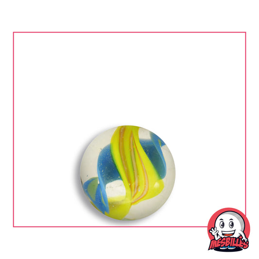 Bille Art Tornado Jaune en verre clair à rubans jaune citron striés d’orange et bande bleue, vue de dessus, 16 mm de diamètre