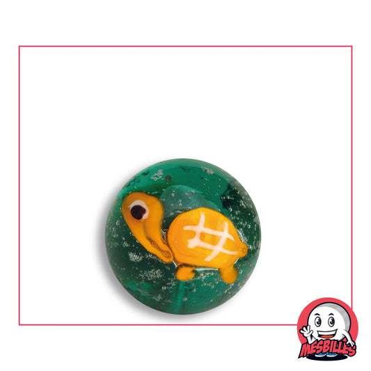 Bille Art Tortue en verre vert à bulles, tortue orange à carapace quadrillée de crème, vue de dessus, 22 mm de diamètre