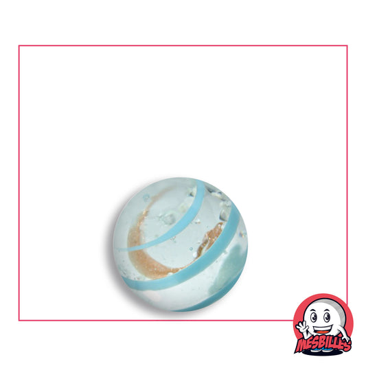 Bille Art Tourbillon Phosphorescent Bleu Clair 16 mm en verre presque incolore à ruban bleu ciel et bande cuivrée, vue de dessus, 16 mm de diamètre