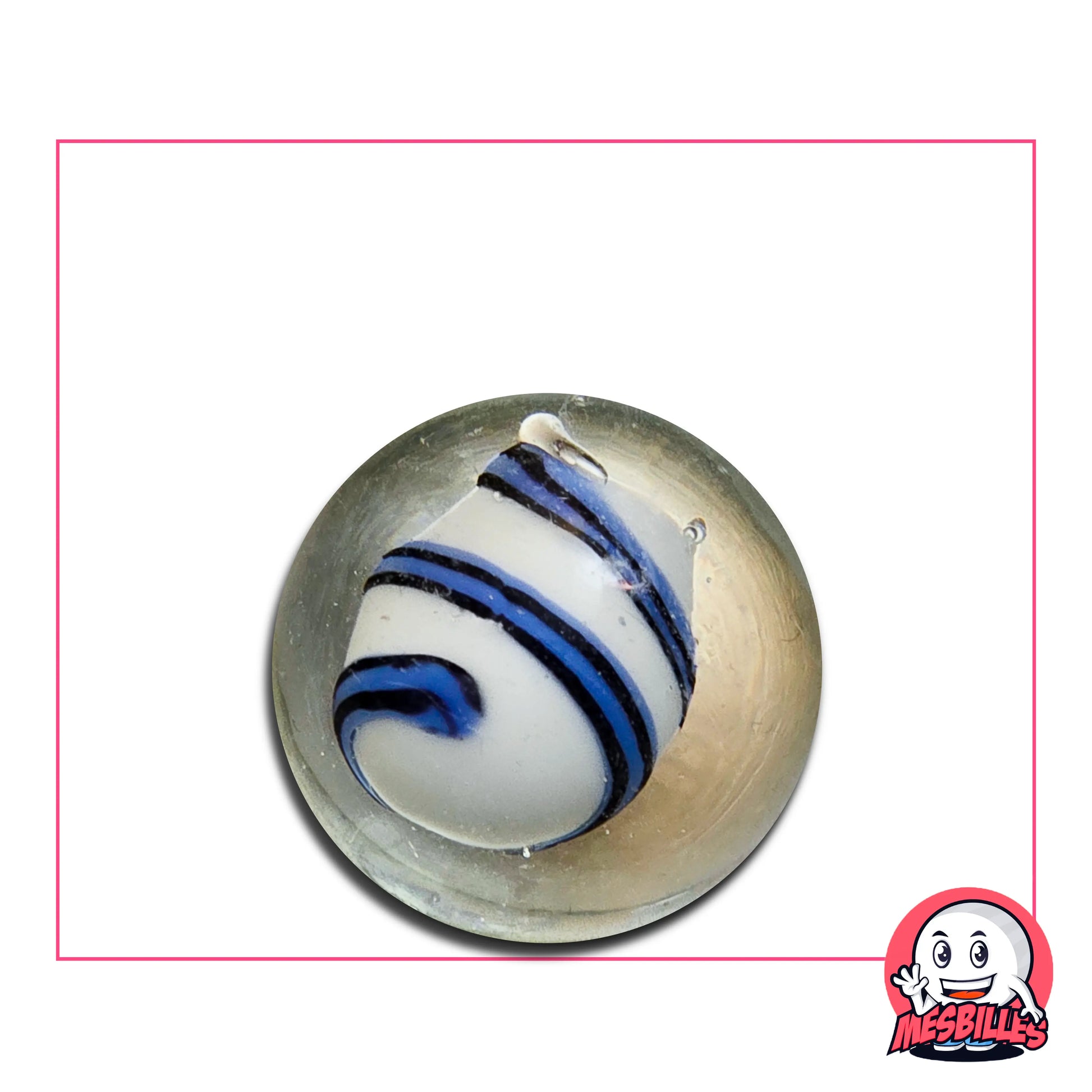 Bille Art Vague Bleu 25 mm avec motif ondulé bleu inspiré d’une vague, en verre transparent.