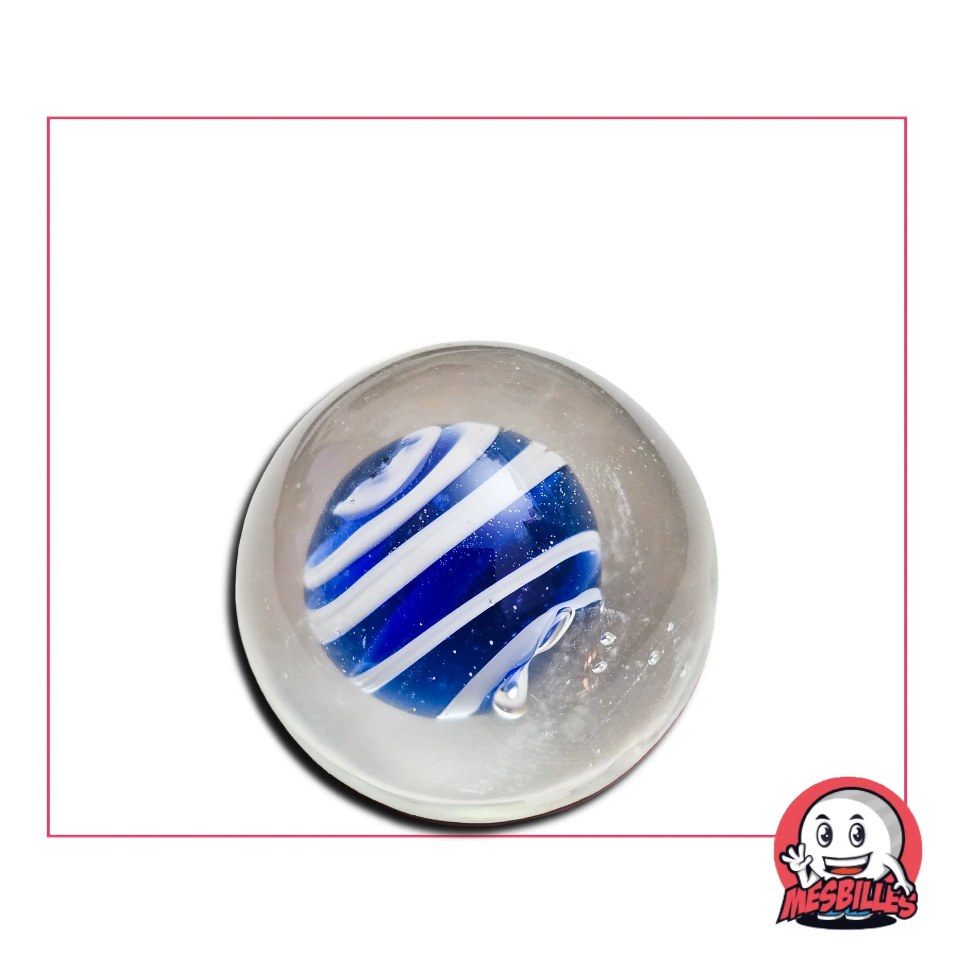 Bille Art Vague Bleu Nuit 25 mm avec spirale bleu profond et lignes blanches dans verre translucide – bille artistique MesBilles