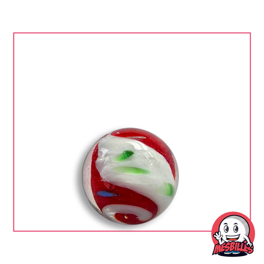Bille Art Yin-Yang Blanc en verre rouge translucide, spirale blanche opaque, touches vertes et bleu clair, vue de dessus, 16 mm de diamètre