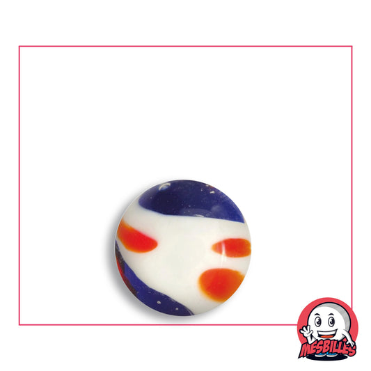 Bille Art Yin-Yang Bleu en verre bleu nuit translucide, vague blanche opaque et taches orange vif, vue de dessus, 16 mm de diamètre