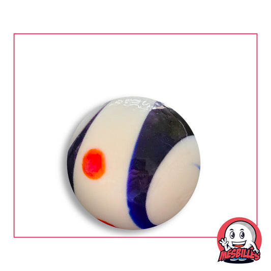 Bille Big-Bang Blanc et Bleu 25 mm Collector en verre blanc à larges bandes bleu nuit et point rouge-orangé, vue de dessus, 25 mm de diamètre