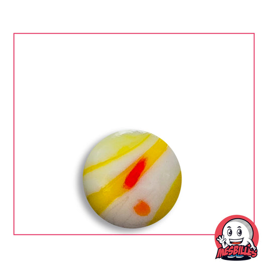 Bille Big-Bang Jaune 16 mm Collector en verre blanc à rubans jaunes, trait rouge et point orange, vue de dessus, 16 mm de diamètre
