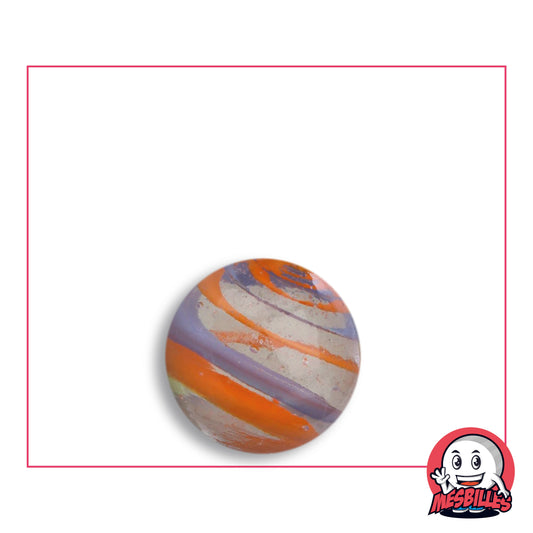 Bille Cyclone Orange et Bleu 16 mm Collector en verre incolore à bandes orange vif et bleu lavande, vue de dessus, 16 mm de diamètre