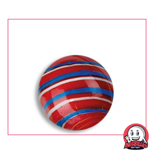 Bille Equinoxe Rouge 25 mm Collector en verre rouge opaque rayé de rubans bleus et de filets blancs, vue de dessus, 25 mm de diamètre