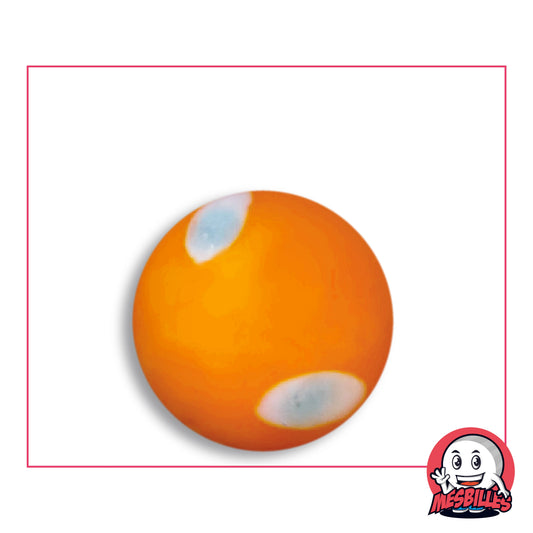 Bille Galactika Orange 25 mm Collector en verre orange mandarine opaque à deux taches blanches au cœur bleu glacier, vue de dessus, 25 mm de diamètre