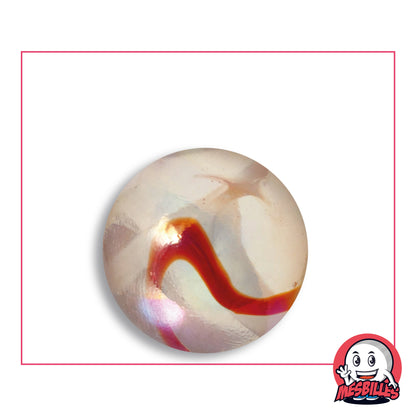 Bille Limonade en verre translucide voilé de blanc, ruban rouge et reflets irisés, vue de dessus, 25 mm de diamètre