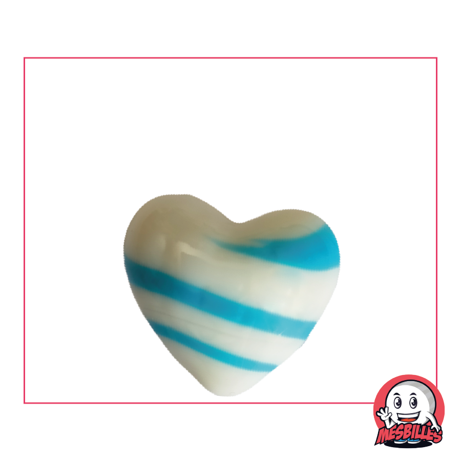 Canica con forma de corazón de vidrio opaco blanco con rayas azul claro, canica plana de 25 mm, MisCanicas