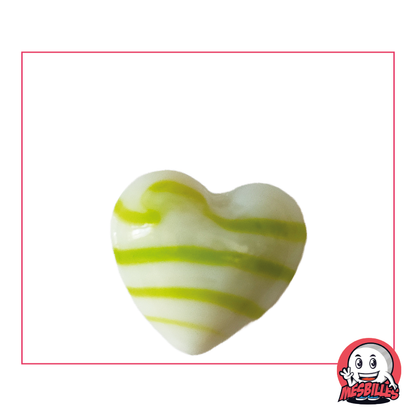 Canica con forma de corazón de vidrio opaco blanco con rayas verde claro, canica plana de 25 mm, MisCanicas
