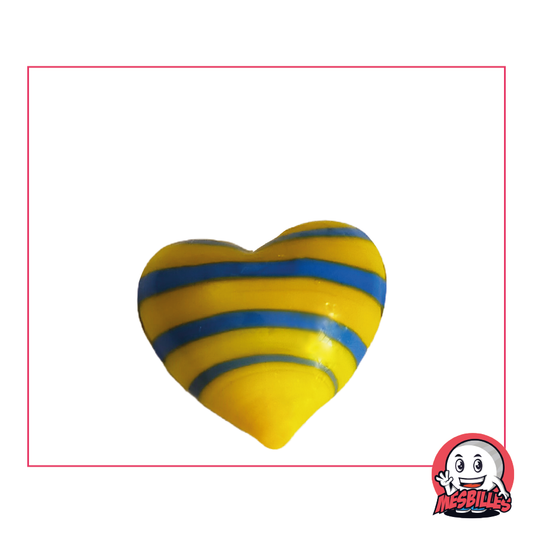 Canica con forma de corazón de vidrio opaco amarillo y rayas azules, canica plana de 25 mm, MisCanicas