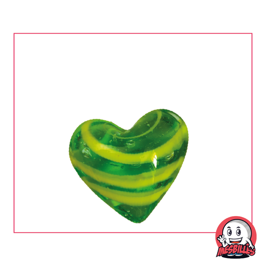 Canica con forma de corazón de cristal translúcido verde rayado de amarillo, canica plana de 25 mm, MisCanicas