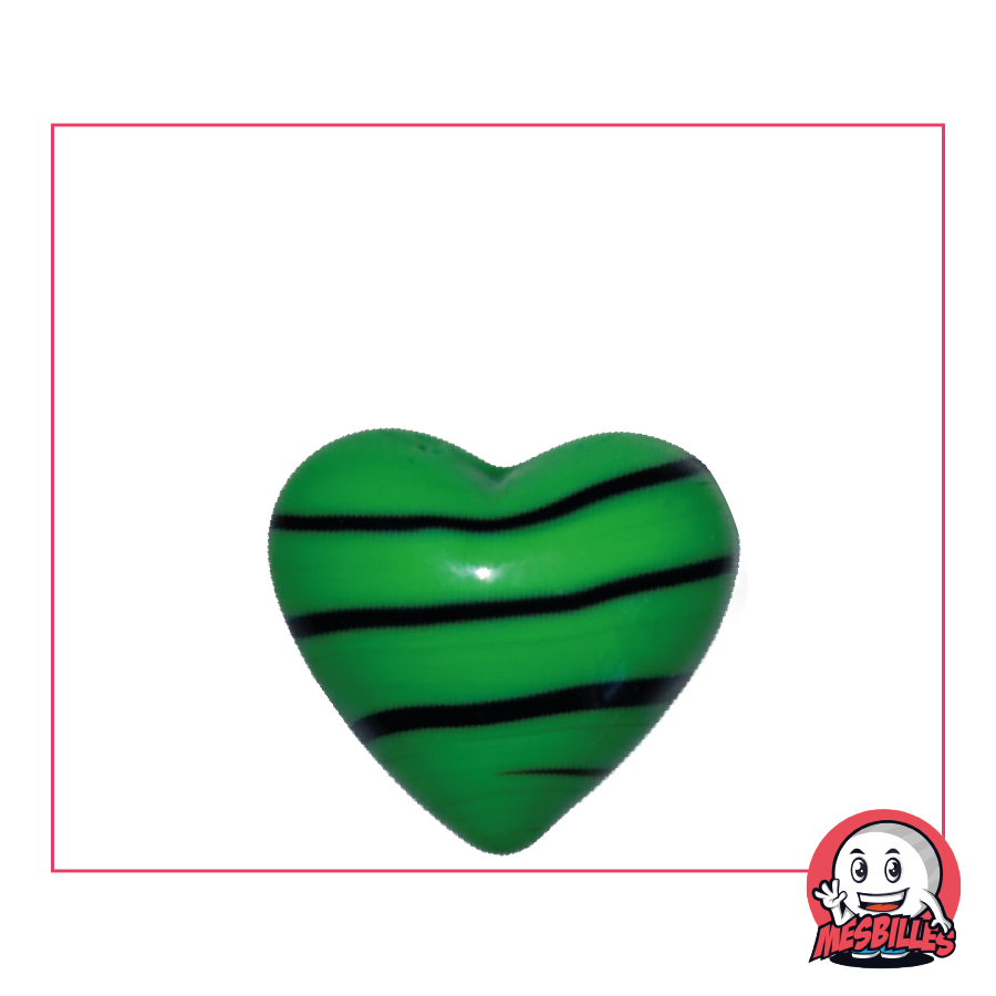 Canica con forma de corazón de cristal opaco verde con rayas negras, canica plana de 25 mm, MisCanicas