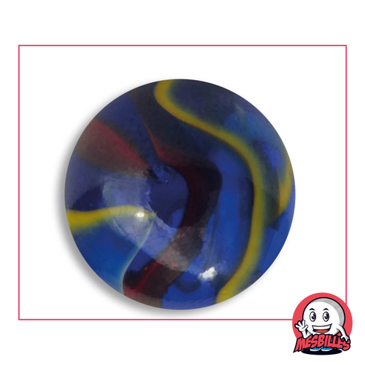 Grande bille Michel-Ange en verre bleu translucide traversé de rubans jaunes et de voiles rouge sombre, vue de dessus, 42 mm de diamètre