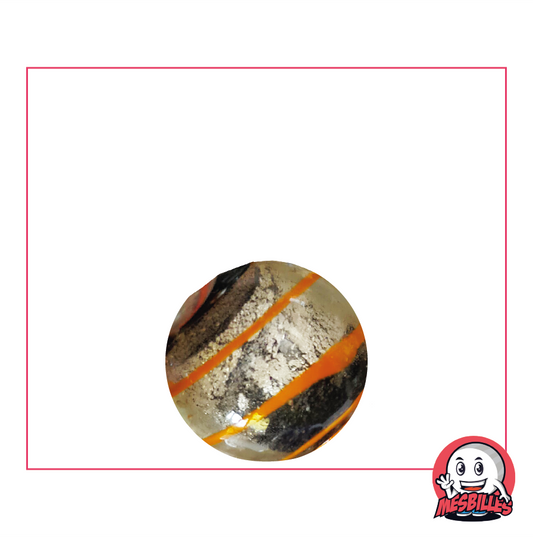 Canica Ojo de Dragón MisCanicas, 16 mm, semiopaca negra y plateada con rayas naranjas