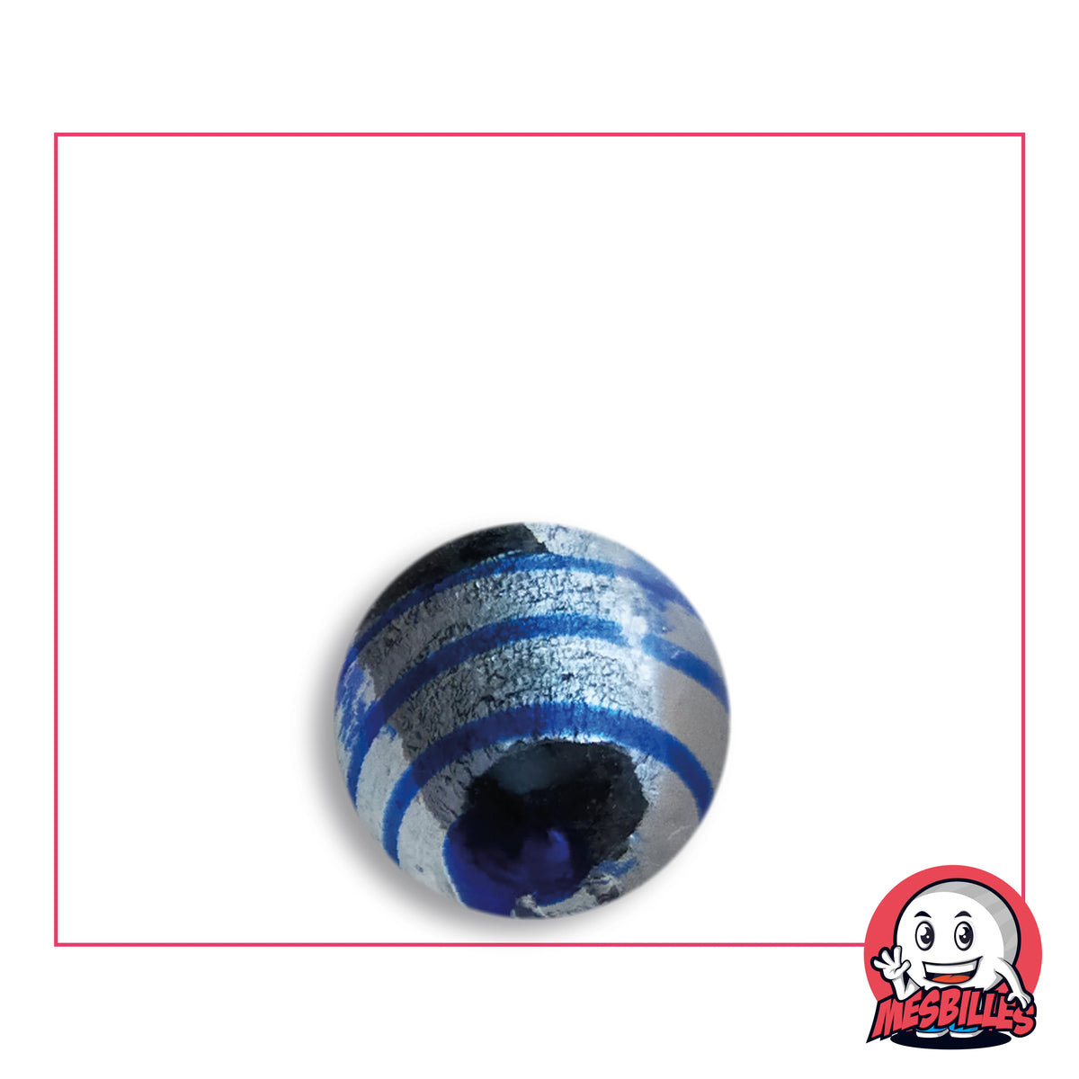 Bille Oeil de Dragon Rayé Bleu 16 mm KimPlay Collector en verre clair à décor argenté rayé de bleu, vue de dessus, 16 mm de diamètre