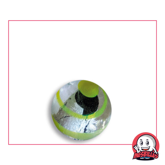 Bille Oeil de Dragon Rayé Jaune 16 mm KimPlay Collector en verre clair à décor argenté rayé de jaune, vue de dessus, 16 mm de diamètre