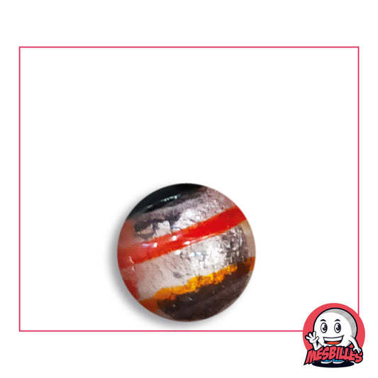Canica Oeil de Dragon Rayada Roja 16 mm KimPlay Collector de vidrio claro con decoración plateada rayada de rojo, vista desde arriba, 16 mm de diámetro