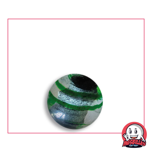 Canica Oeil de Dragon Rayada Verde 16 mm KimPlay Collector de vidrio claro con decoración plateada rayada de verde, vista desde arriba, 16 mm de diámetro