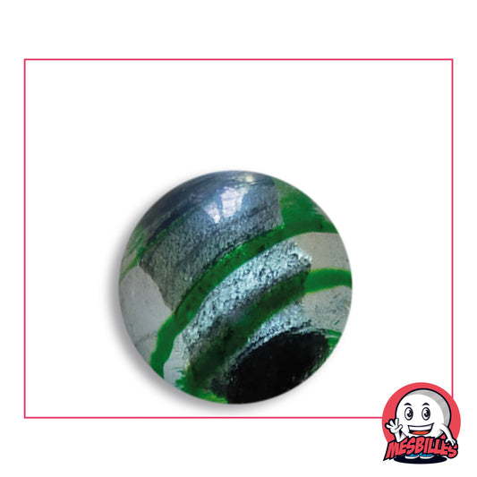 Bille Oeil de Dragon Rayé Vert 25 mm Collector en verre clair à décor argenté rayé de vert, vue de dessus, 25 mm de diamètre