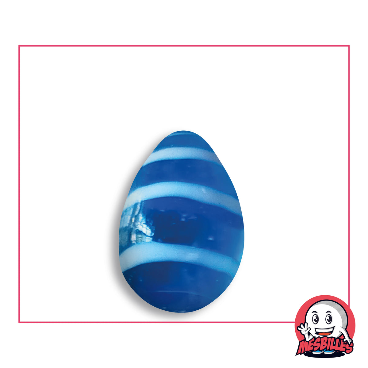 Bille Oeuf Bleu-Intense Rayé Blanc et Bleu en verre bleu roi translucide cerclé de bandes blanc bleuté, vue de côté, environ 25 mm de haut