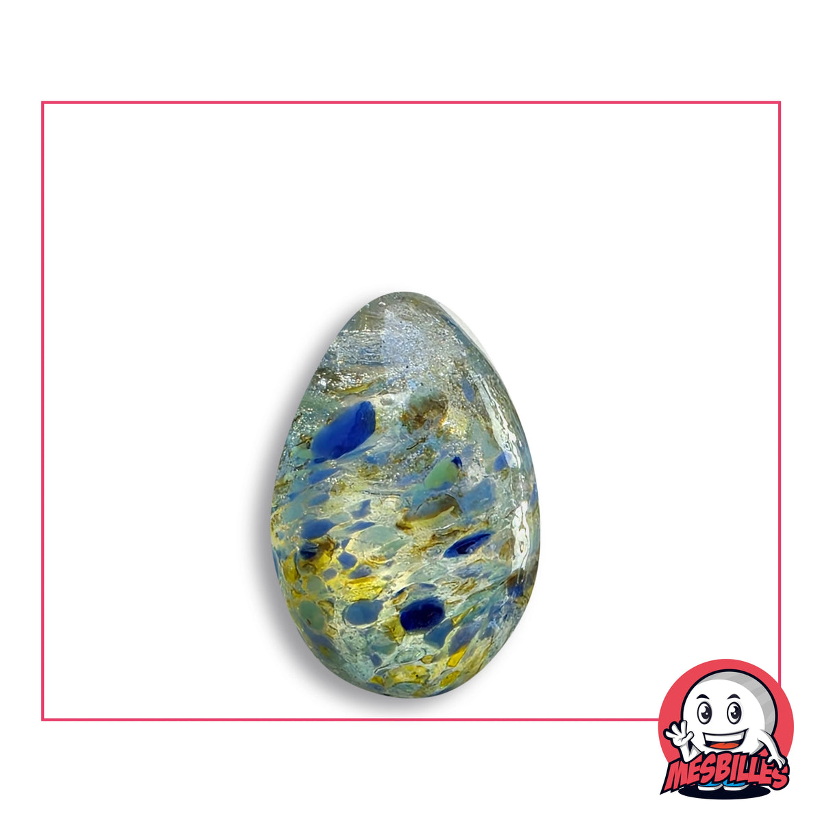 Bille Oeuf Cristal Moucheté Bleu et Jaune en verre incolore moucheté de bleu outremer et de jaune paille, vue de côté, environ 25 mm de haut
