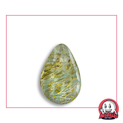 Bille Oeuf Cristal Moucheté Jaune en verre clair moucheté de jaune soufre et d'olive, vue de côté, environ 25 mm de haut