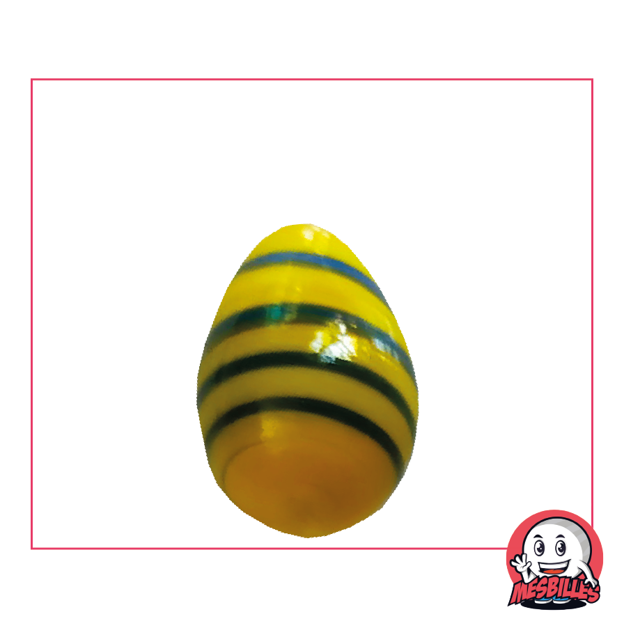 Canica Ovoide MesBilles, opaca azul rayada en amarillo, aproximadamente 25 mm de altura