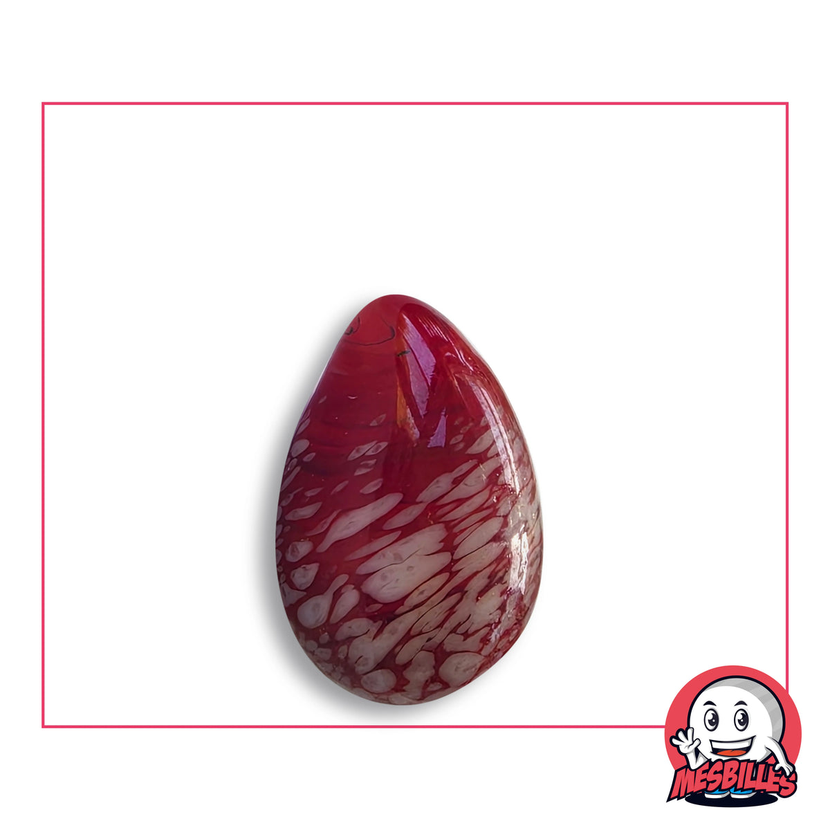 Bille Oeuf Rouge Moucheté Blanc en verre rouge carmin à mouchetures blanches en dentelle, vue de côté, environ 25 mm de haut