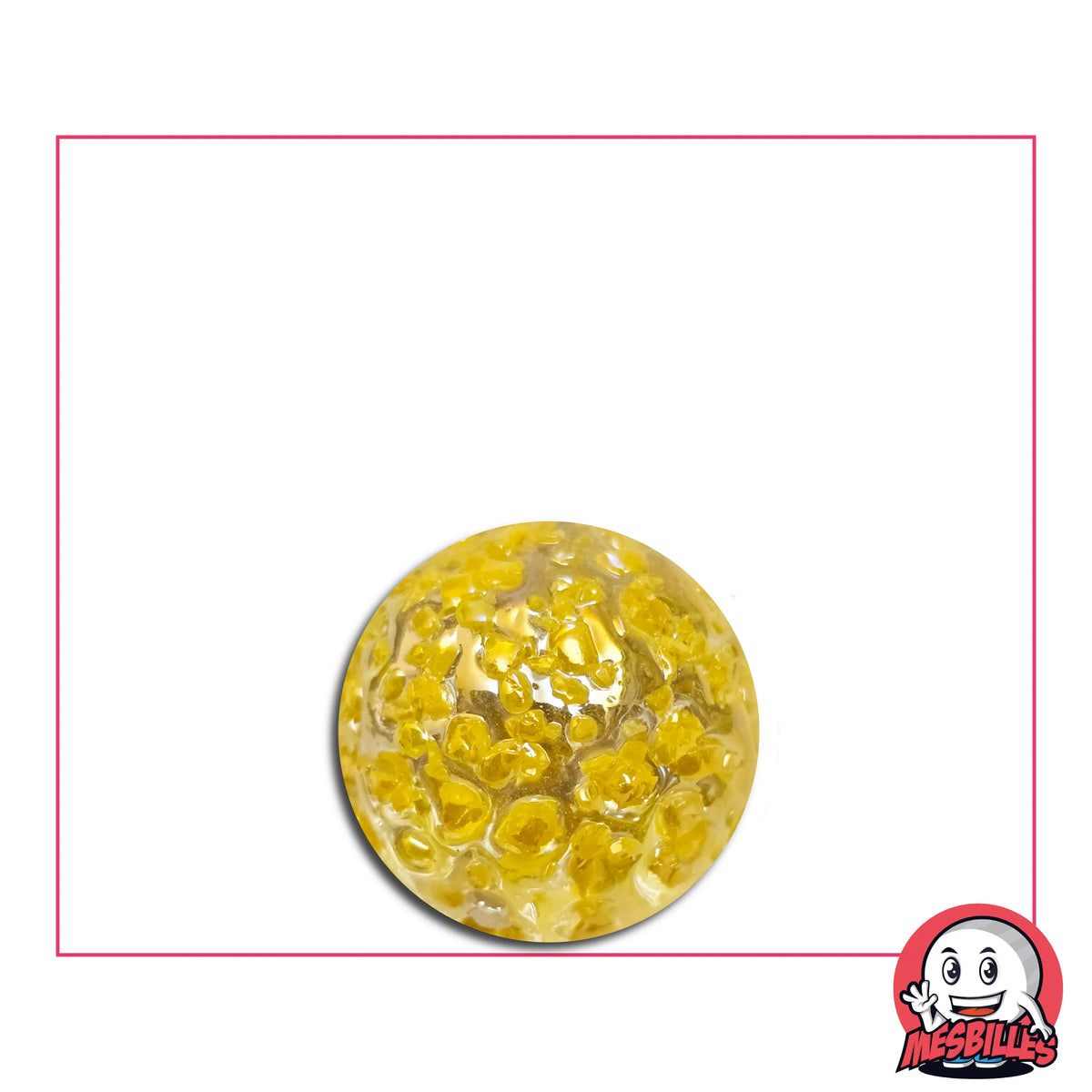 Bille Pépite Jaune Intense 16 mm translucide avec éclats jaunes dorés dans le verre – bille décorative et de jeu MesBilles