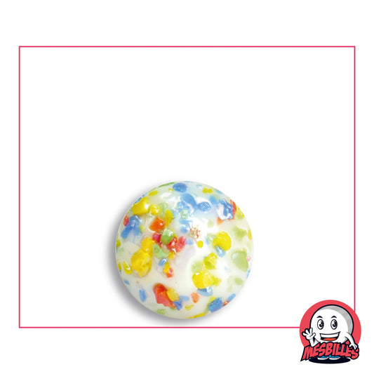 Canica Pépite Météorite 16 mm de vidrio blanco opaco con fragmentos amarillos, azules, rojos, verdes y anaranjados, vista desde arriba, 16 mm de diámetro