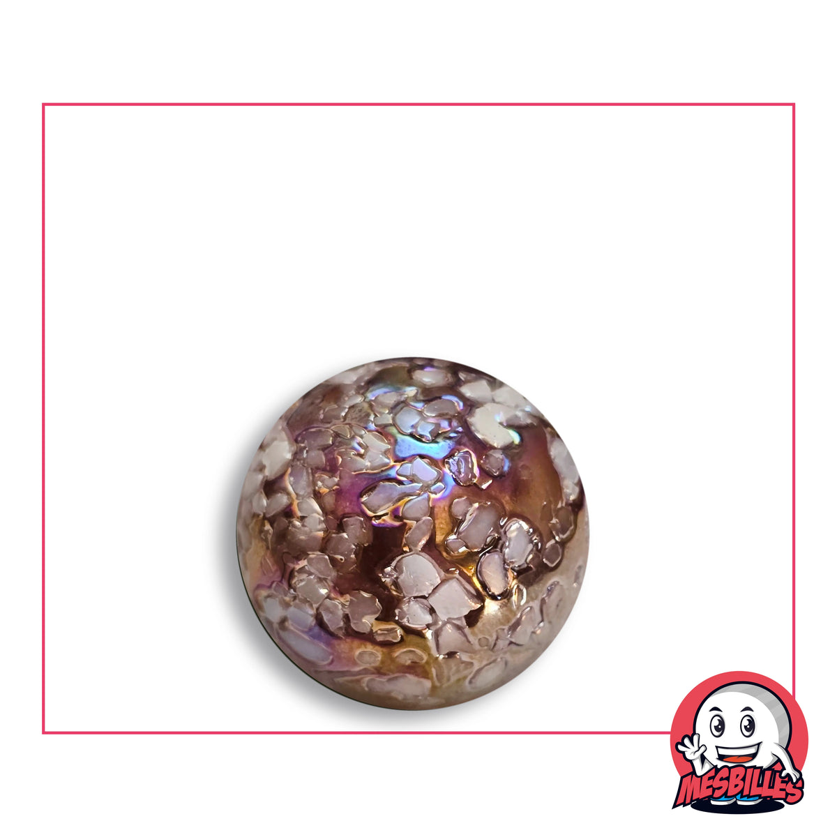 Bille Pépite YSES en verre irisé cuivré couvert d'éclats blanc rosé, vue de dessus, 22 mm de diamètre