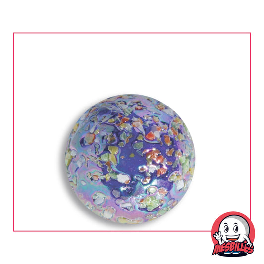 Bille Pépite étoile 25 mm en verre bleu nuit à éclats vert pâle, corail et crème et reflets mauves et roses, vue de dessus, 25 mm de diamètre