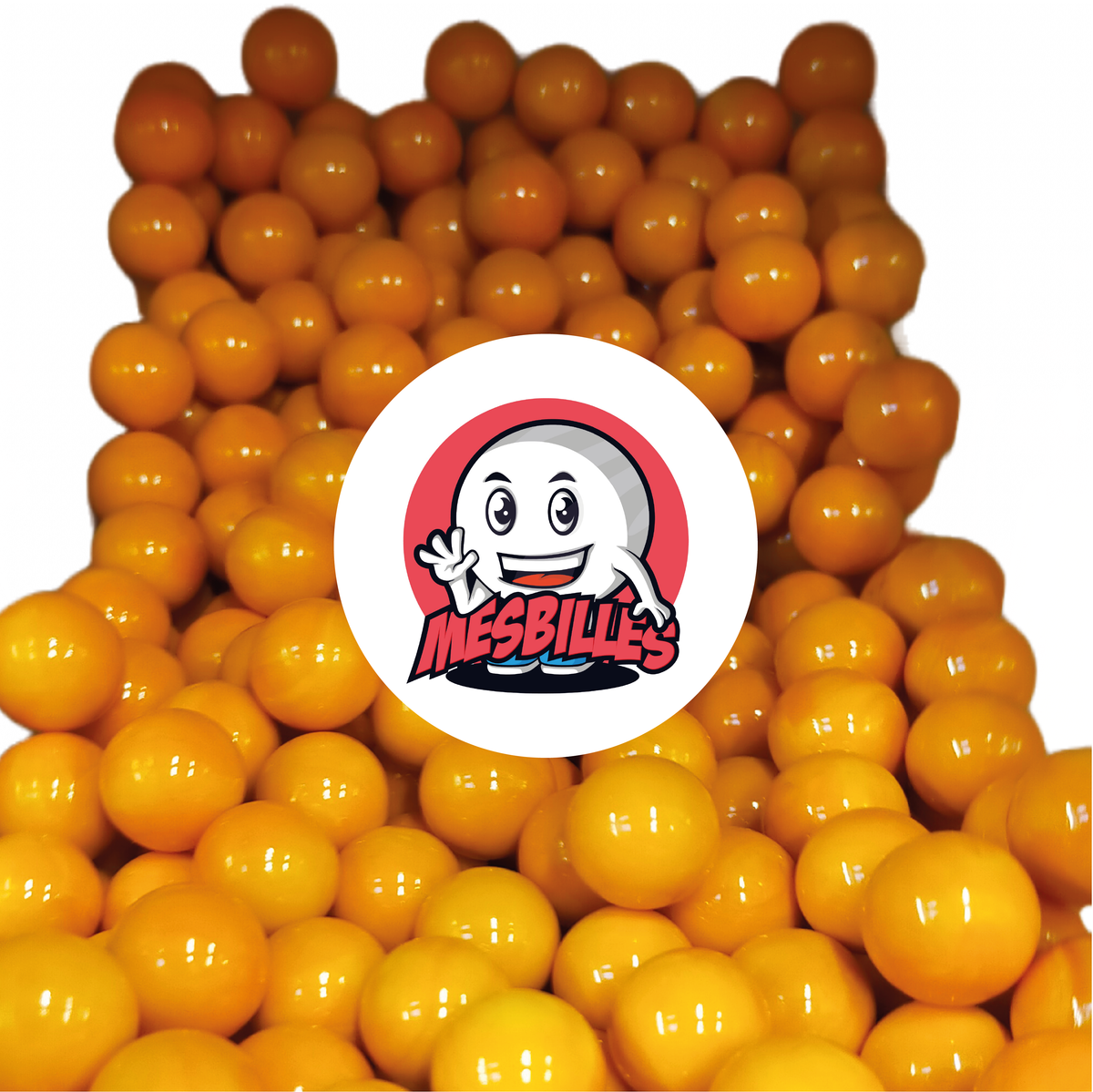 Imagen de la mascota MisCanicas rodeada de canicas perla de 25 mm - Vidrio opaco naranja vibrante