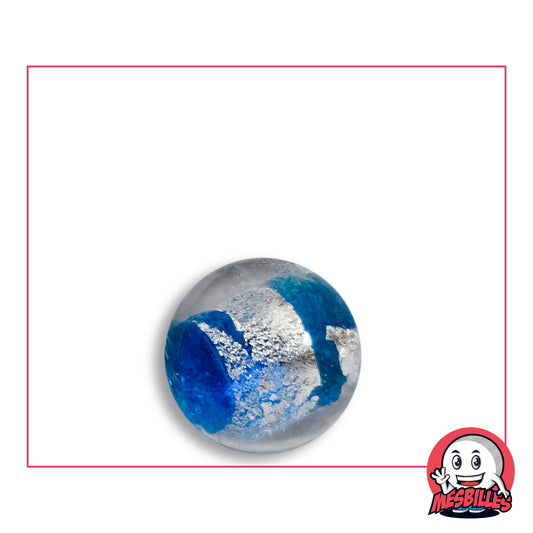 Bille Planète Bleu 16 mm Collector en verre clair à cylindre d'aspect argenté froissé fermé par deux bandes bleu turquoise, vue de dessus, 16 mm de diamètre