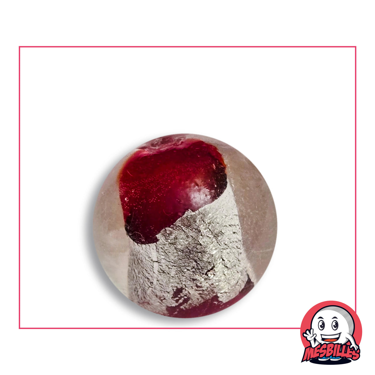 Bille Planète Rouge 25 mm Collector en verre clair à cylindre d'aspect argenté froissé et disques rouge grenat, vue de dessus, 25 mm de diamètre