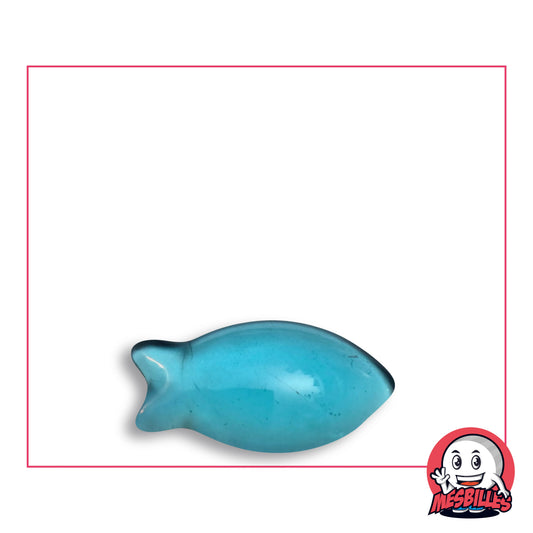 Bille Poisson Bleu Extra-Plate en verre bleu clair translucide, vue de dessus, 25 mm de long